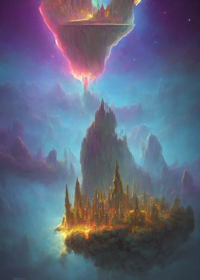 Prompt: an ultra detailed midjourney concept digital art painting of a flying island castle city, towers levitating across space in an iridescent nebula by paul lehr kazumasa uchio situated in a starry expanse of bioluminescent cosmic worlds by beksinski and beeple, ecological art, sharp details, floating citadel with towers, trending on artstation