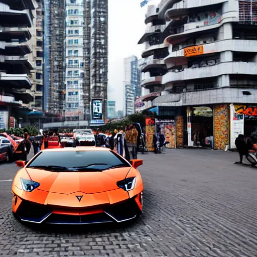 Prompt: a Lamborghini Aventador parked on a busy street in Chongqing China