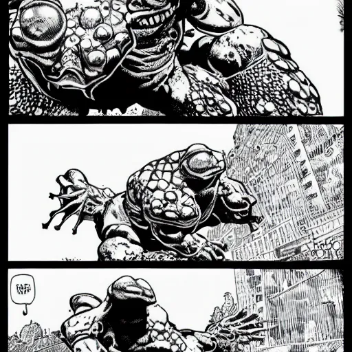 Prompt: giant mutated transfigured frog fighting mushroom warrior, black and white, graphic novel, detailed, in the style of Geoff Darrow and Frank Miller