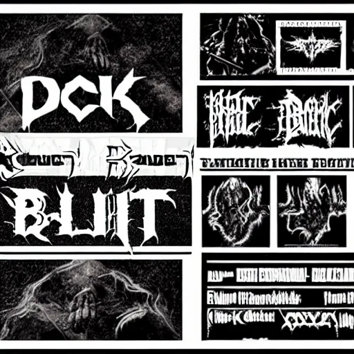 Image similar to black metal concert flyer, black metal logos, unreadable, 3 band lineup, local bar, d. i. y. venue