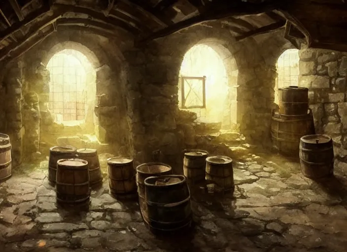 Image similar to watercolor painting of rustic ruin cellar, wooden crates, barrels, stone walls, lantern, very beautiful ambient lighting, sun rays, dust, art by anders zorn, wonderful masterpiece by greg rutkowski, cinematic light, american romanticism by greg manchess, creation by tyler edlin