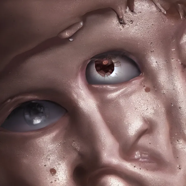 Prompt: A close-up of a mentally unstable cyborg woman in the center, tears overflowing from her eyes, she is visibly sad, volumetric lighting, 3D render, in the style of Roman Cyganov, trending on arstation, 8k quality