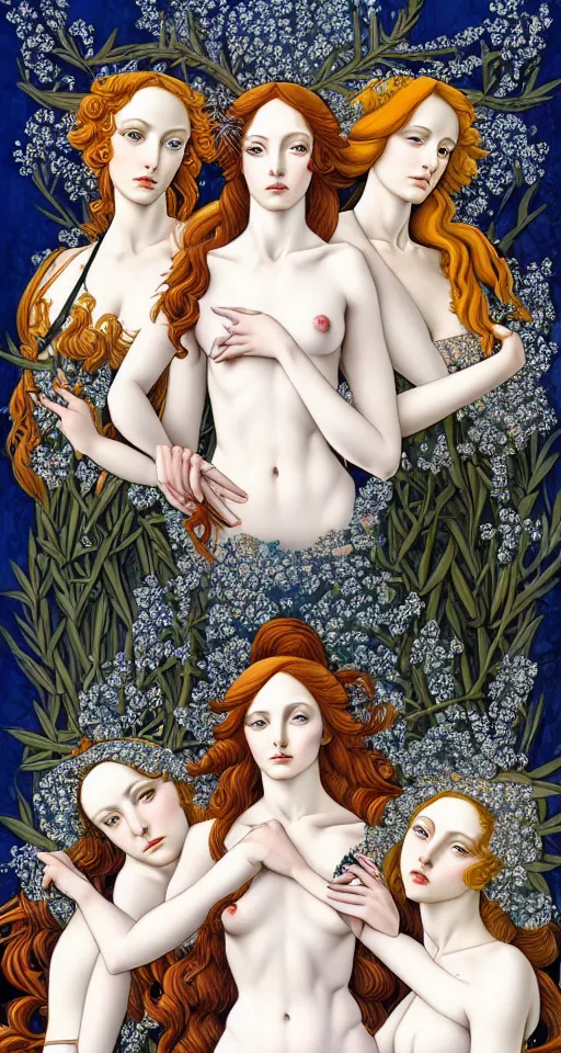 Image similar to the 3 Goddesses of Winter, in a mixed style of Botticelli and Æon Flux, inspired by pre-raphaelite paintings and shoujo manga, surrounded by flora and fauna, hyper detailed, stunning inking lines, flat colors, 4K photorealistic