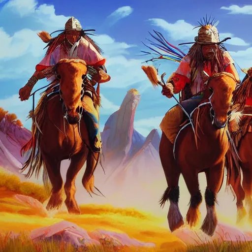 Prompt: painting of native americans riding horses hunting a herd of mammoths, artstation, vibrant, colorful, ultra detailed