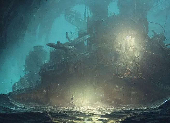 Image similar to twenty thousand leagues under the sea, fantasy art, in the style of greg rutkowski, illustration, epic, fantasy, intricate, hyper detailed, artstation, concept art, smooth, sharp focus, ray tracing