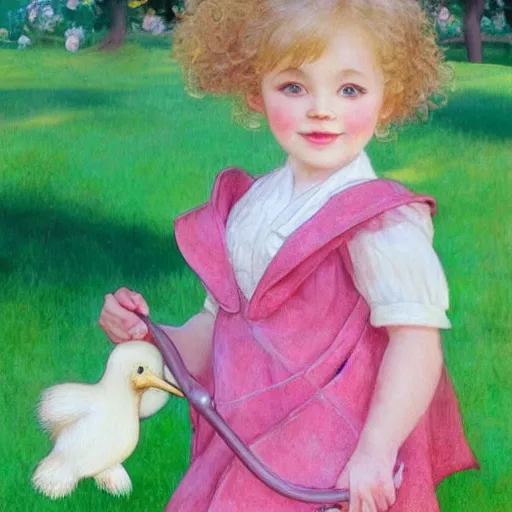 Image similar to a beautiful [[[[[smiling]]]]] little blonde toddler girl with short loosely curly hair, at the park on a beautiful day, holding a round all-pink stuffed penguin, by Artgerm, Mucha Klimt, Hiroshi Yoshida and Craig Mullins, featured on Artstation, CGSociety, Behance HD, Deviantart