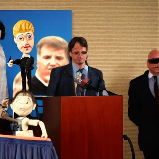 Image similar to press conference with puppeteer using marionette of a president in a podium