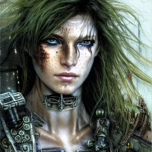 Image similar to an award finning closeup facial portrait by luis royo and john howe of a very beautiful and attractive female bohemian cyberpunk traveller aged 2 5 with green eyes and freckles in clothed in excessively fashionable cyberpunk gear and wearing ornate warpaint