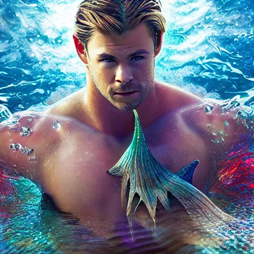 Image similar to chris hemsworth portrait, fantasy, mermaid, hyperrealistic, game character, underwater, highly detailed, cinematic lighting, pearls, glowing hair, shells, gills, crown, water, highlights, starfish, jewelry, realistic, digital art, pastel, magic, fiction, ocean, king, colorful hair, sparkly eyes, fish, heroic, god, waves, bubbles ”