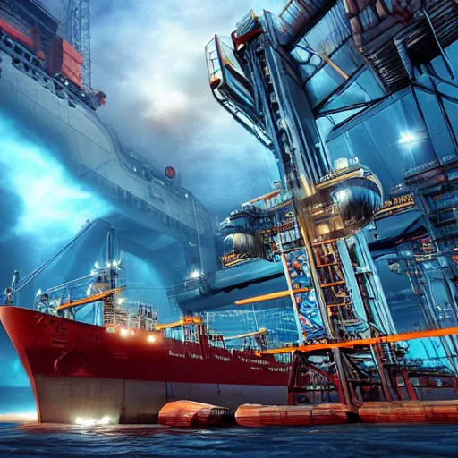 Image similar to photo of Immense industrial futuristic cargo ship arrives at cyber punk city sea port, cinematic lighting, photo