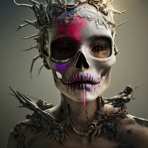 Image similar to full body pose, hyperrealistic mixed media painting of gorgeous skull woman, dim volumetric lighting, 8 k, octane beautifully detailed render, extremely hyper detailed, intricate, epic composition, cinematic lighting, masterpiece, trending on artstation, very very detailed, masterpiece, stunning, hdr, smooth, sharp focus, high resolution, award, winning photo, dslr, 5 0 mm