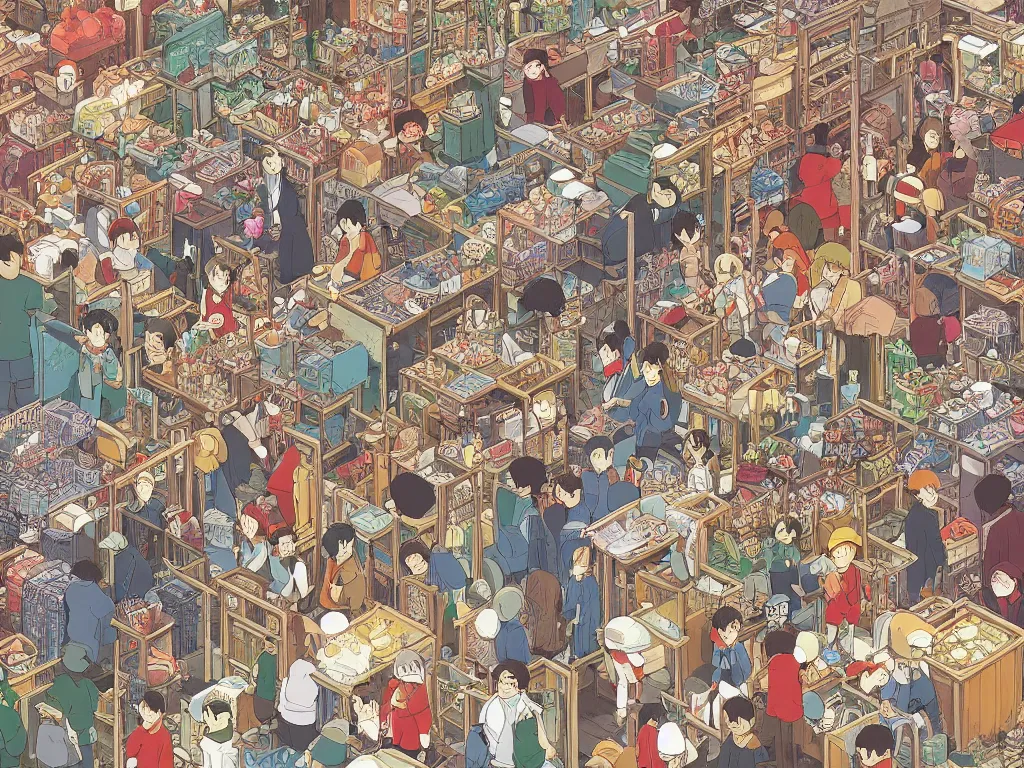 Prompt: ghibli version of where is waldo in open door market, detailed, high quality, high resolution, color illustration by hayao miyazaki