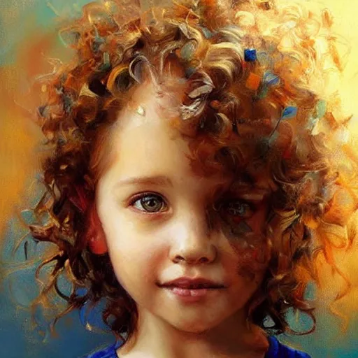 Prompt: a little girl with short curly light brown hair and blue eyes sitting in a nutshell. beautiful painting by raymond swanland and magali villanueve, beautiful detailed face.