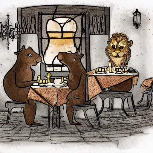 Image similar to a squirrel and a lion are having dinner in a fancy greek restaurant. sketch for a pixar film