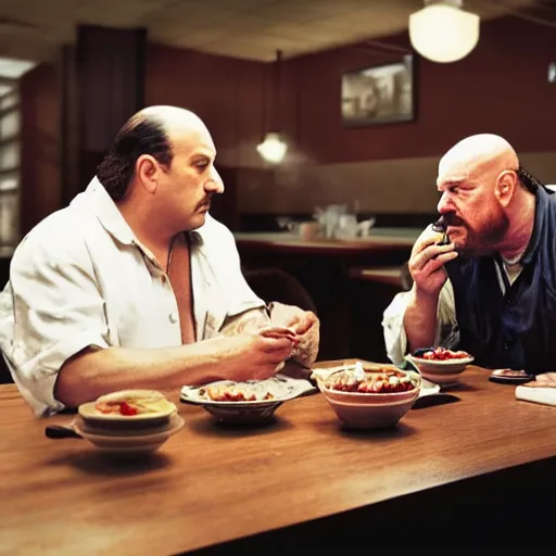 Prompt: tony soprano and walter white eating at a diner together, photorealistic, alone in the diner, having a good time, hyperrealistic, 8 k, ultra hd