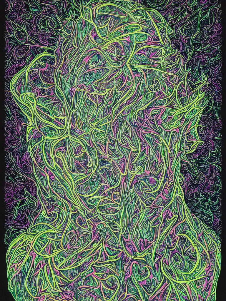 Prompt: portrait of alan watts with a fractal floral pattern background with neon colored pencils on black paper by alex grey, nychos, artgerm