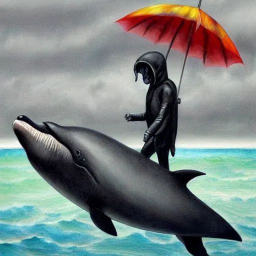 Prompt: a hyper realistic painting of the grim reaper riding a dolphin over a rainbow, by santiago caruso, highly detailed, vivid color,