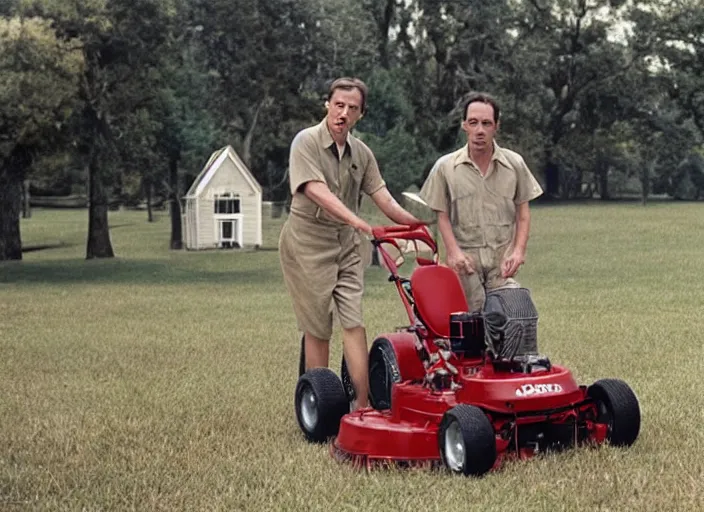 Image similar to steve buscemi driving a cadet cub lawn mower, movie still, from the new forest gump movie, 8 k, realistic