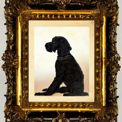 Image similar to Black Goldendoodle with a bright face wearing a Napoleon Era Military Uniform looking melancholy, Norman Rockwell style