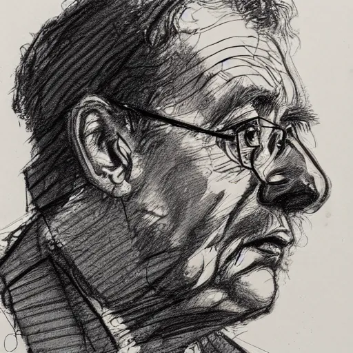 Image similar to a realistic yet scraggly portrait sketch of the side profile of a stern and sophisticated robert fripp, trending on artstation, intricate details, in the style of frank auerbach, in the style of sergio aragones, in the style of martin ansin, in the style of david aja, in the style of mattias adolfsson