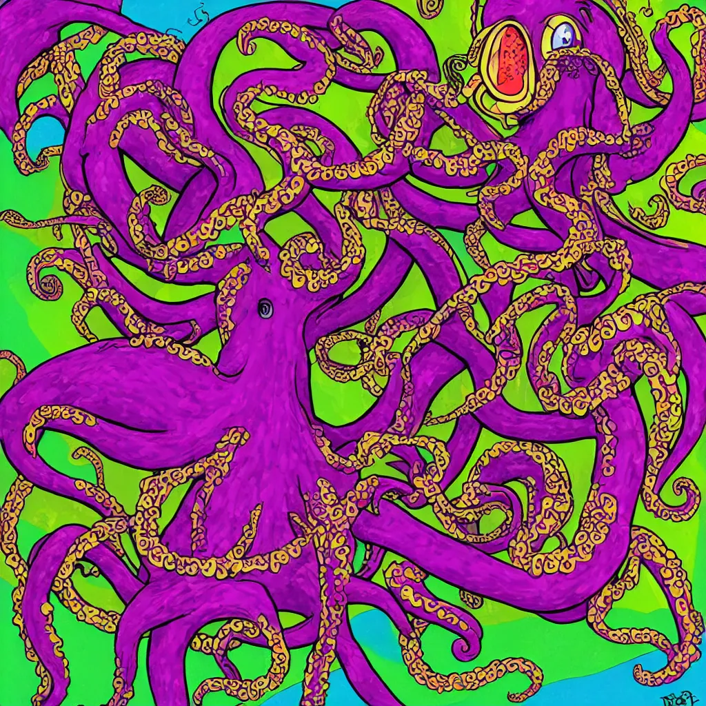 Image similar to caricature of a happy dancing octopus in psychdelic style, robert williams style