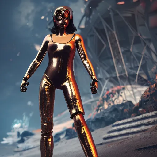 Image similar to arcade female fighter, wearing metallic swimsuit, cyborg, mechanical, fight scene, unreal engine, game character, digital art, octane render, photorealistic intricate detailed