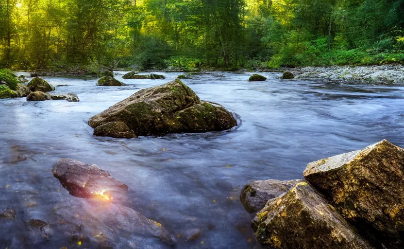 Prompt: a render of floating shining shards in a river in the forest as the sun rises, wide angle, 21:9,