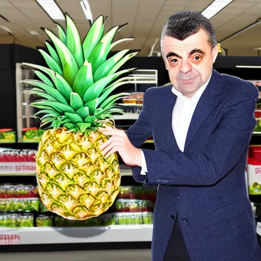 Prompt: rowan atkinson stealing a pineapple from target, realistic photo, uhd