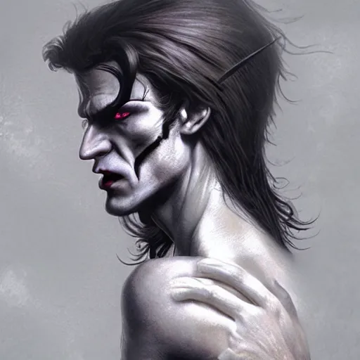 Image similar to head and shoulders vogue fashion photo portrait of a male vampire, d & d, fantasy, greg rutkowski, frank frazetta, alexandre chaudret, boris vallejo, michael whelan, miro petrov, hr giger, magali villeneuve, donato giancola