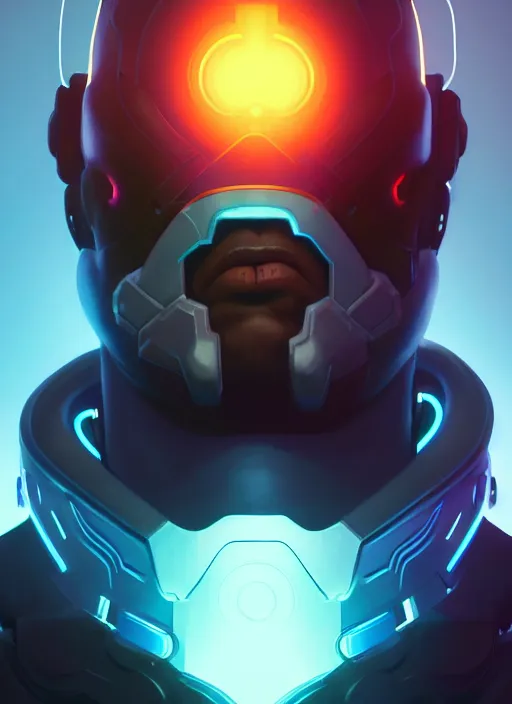Image similar to symmetry portrait of doomfist from overwatch, closeup, sci - fi, tech wear, glowing lights intricate, elegant, highly detailed, digital painting, artstation, concept art, smooth, sharp focus, illustration, art by artgerm and greg rutkowski and alphonse mucha
