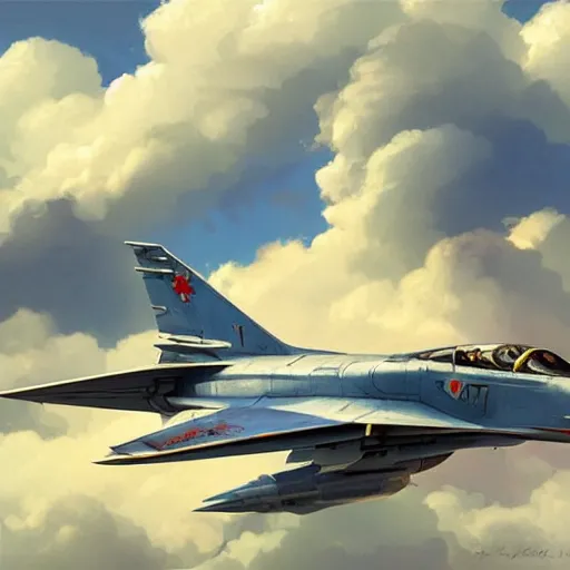 Image similar to Mikoyan MiG-29 flying in the sky, blue sky, white clouds, highly detailed, digital painting, artstation, concept art, sharp focus, illustration, art by artgerm and greg rutkowski and alphonse mucha