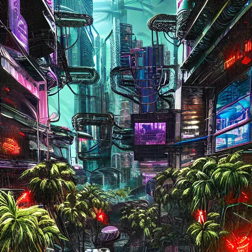 Prompt: cyberpunk jungle, highly detailed, digital art