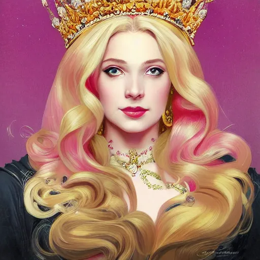 Image similar to the painted portrait of beautiful princess with long blond hair and a golden crown circled by diamonds in a wonderful pink dress over a cloudy black background by Leyendecker, Moocha, and Rebecca Guay, trending on artstation