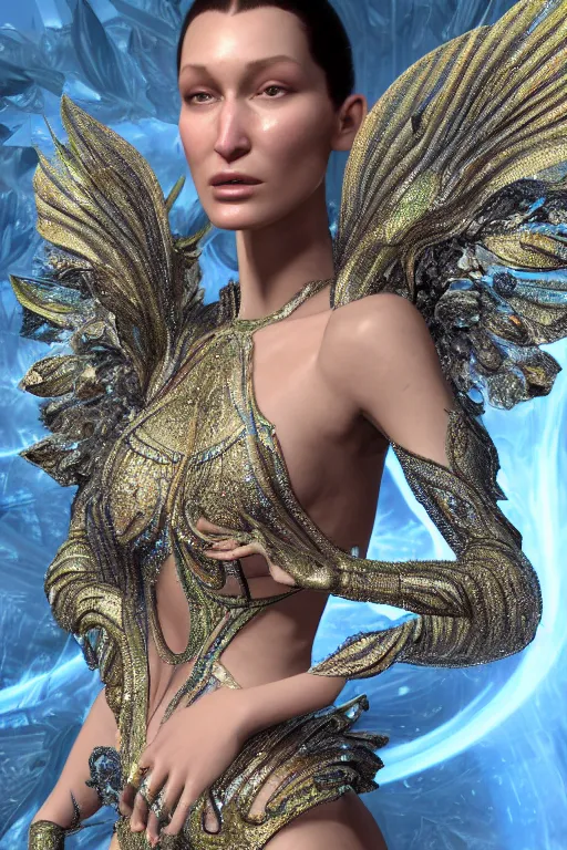 Prompt: a highly detailed metahuman 4 k render close up of a divine alien goddess bella hadid in iris van herpen dress schiaparelli in diamonds swarovski and jewelry in style of alphonse mucha trending on artstation made in unreal engine 4