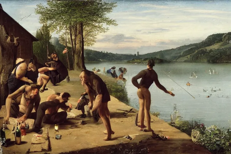 Image similar to mid - thirties guys binge drinking in front of a lake, in the style of skovgaard