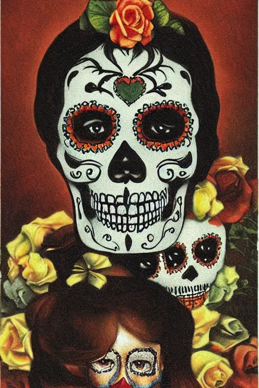 Image similar to illustration of a sugar skull day of the dead girl, art by michael sowa