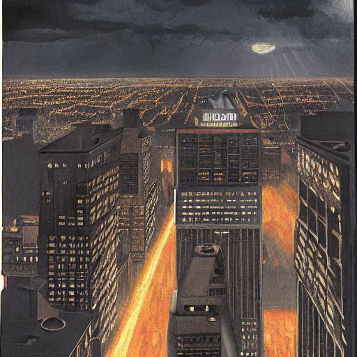 Image similar to photorealistc full - color painting of a nightmarish boston downtown skyline in 1 9 2 5 at night with a horrifying sky, aerial view, dark, brooding, night, atmospheric, horror, cosmic, ultra - realistic, smooth, highly detailed by dave dorman