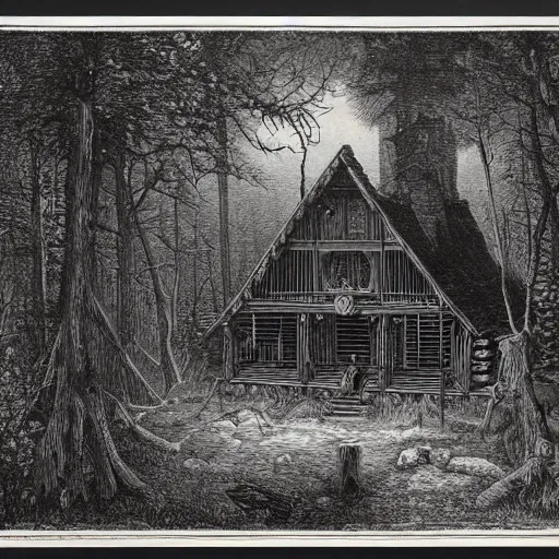 Prompt: an engraving of a log cabin surrounded by a sinister forest, dreary, beautifully detailed, by gustave dore and jean giraud