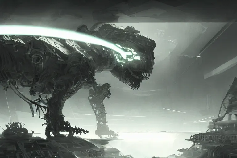 Image similar to robosaurus parallax datacenter server room interior single mono colossus white rusty robot sitting artstation cinematic detailed concept art volumetric light sharp coherent cgsociety symmetric perfect well balanced shadows lotr technogoddess