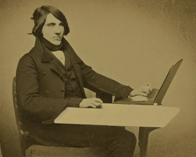 Prompt: an early 1800s photo of someone sitting at a computer looking for good textures to use