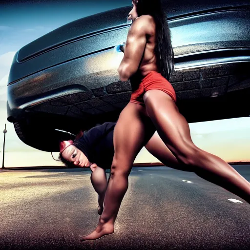 Image similar to car, bodybuilder, woman, photo, digital art, hands, underbody, throw, tire, standing, road