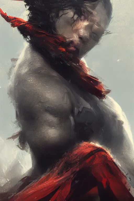 Image similar to ninja warrior, close - up portrait, fierce, intricate, elegant, volumetric lighting, scenery, digital painting, highly detailed, artstation, sharp focus, illustration, concept art, ruan jia, steve mccurry