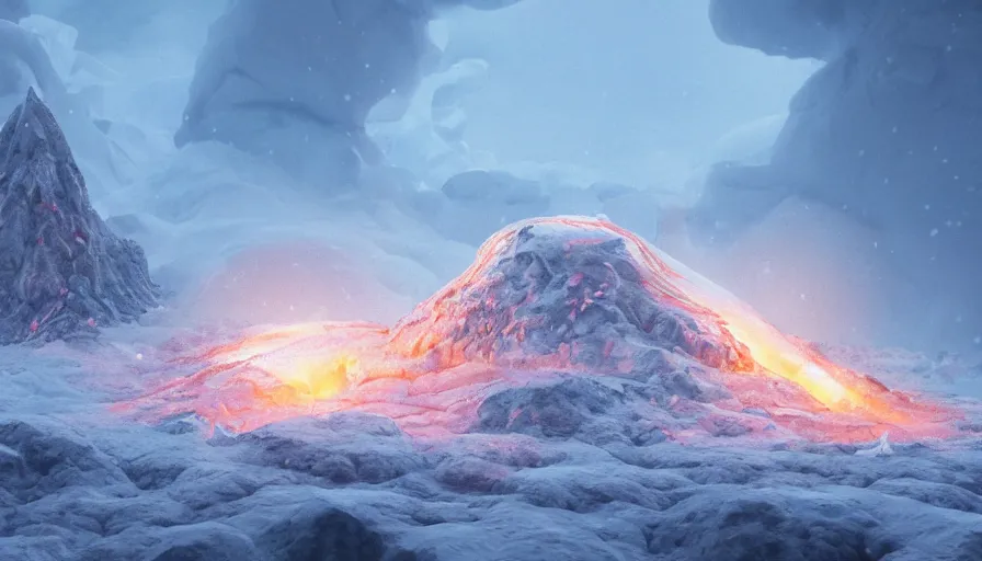 Prompt: A highly detailed matte painting of a snow volcano, a volcano in Antarctica, the volcano exploded with lava, flowing lava in the snow, ice, by Studio Ghibli, Makoto Shinkai, by Artgerm, by beeple, volumetric lighting, octane render, 4K resolution, trending on artstation, masterpiece