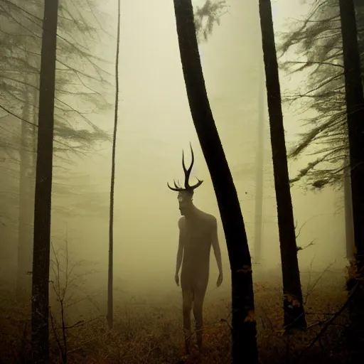 Image similar to an old photo of an incredibly tall thin pale bipedal creature with antlers deep in a dark foggy forest