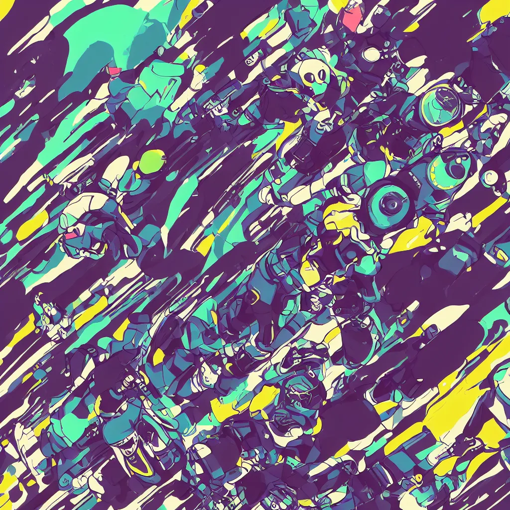 Image similar to people wearing helmets, ryuta ueda artwork, jet set radio artwork, stripes, gloom, space, cel - shaded art style, broken rainbow, data, minimal, speakers, code, cybernetic, dark, eerie, cyber