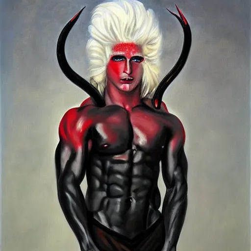 Image similar to buffed guy, long white hair, horns, red eye makeup, painting by by ralph grady james, jean christian biville