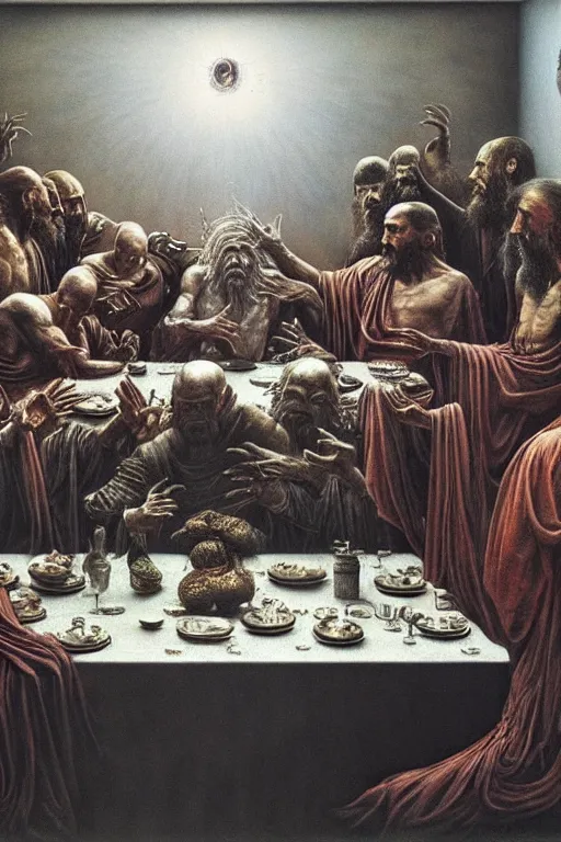 Prompt: hyper realistic painting of the last supper by wayne barlowe, beksinski, hr giger, austin osman spare, bussiere
