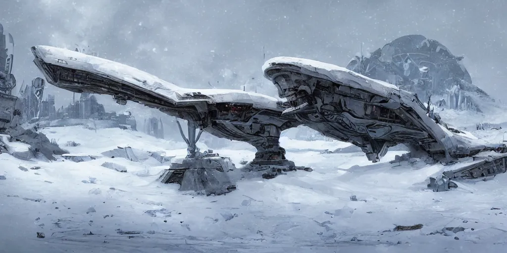 Image similar to remnants of an old spaceship in snow, artstation