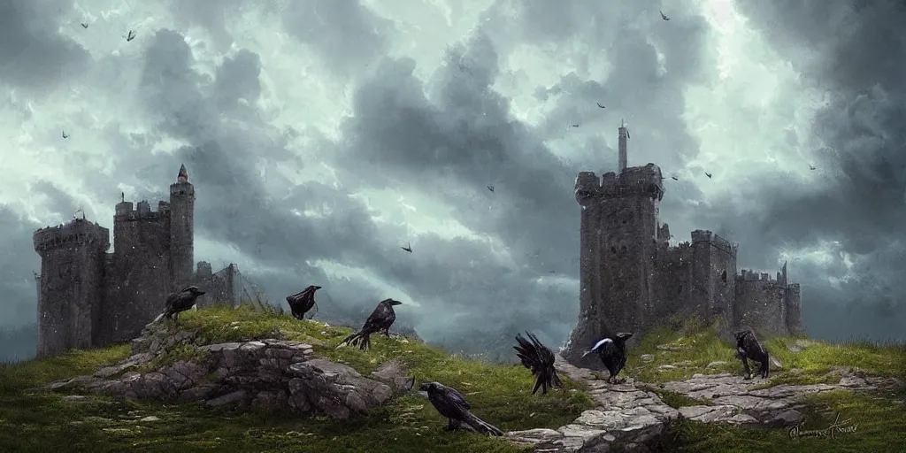 Prompt: A group of Ravens sit on a castle ramparts, dark fantasy, stormy sky, lightning, digital art by Greg Rutkowski and Studio Ghibli