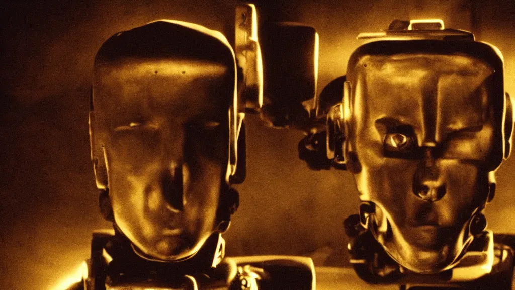 Prompt: The robot head man, movie still, cinematic composition, cinematic light, by David Lynch